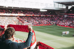 Football fans celebrating with scarves in a stadium
