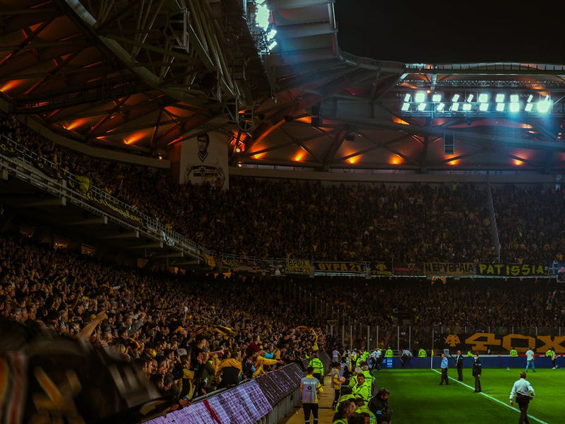 Football fans cheering in a packed stadium atmosphere