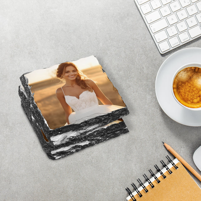 Wedding photograph printed on a personalised slate coaster