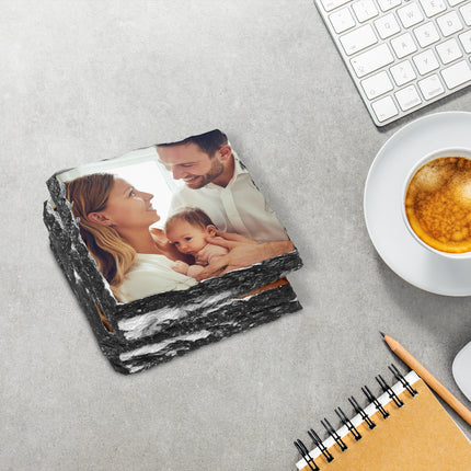 New parent photo on a personalised slate coaster