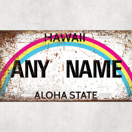 Custom Hawaii License Plate Sign, Aloha State Rainbow Plate, Personalized Wall Decor Gift, Tropical Name Sign, USA Car Plate Art