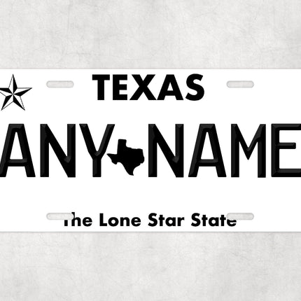 Custom Texas License Plate Sign, Lone Star State Personalized Plate, USA Car Wall Art Gift, Black and White Texas Name Sign
