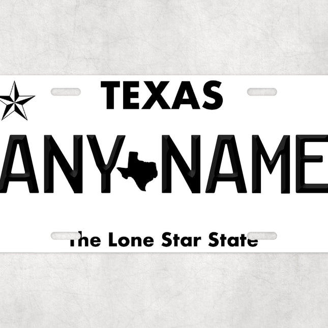 Custom Texas License Plate Sign, Lone Star State Personalized Plate, USA Car Wall Art Gift, Black and White Texas Name Sign