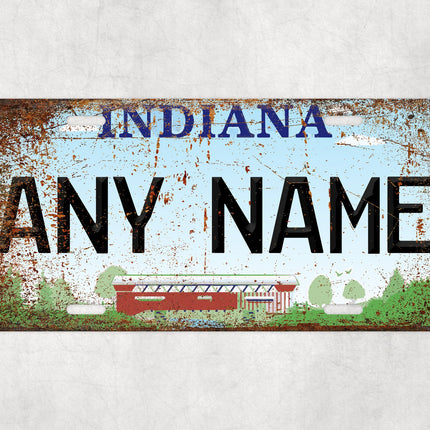 Custom Indiana License Plate Sign, Personalized Name Wall Decor, Covered Bridge Plate, USA State Gift, Novelty Car Sign for Him or Her