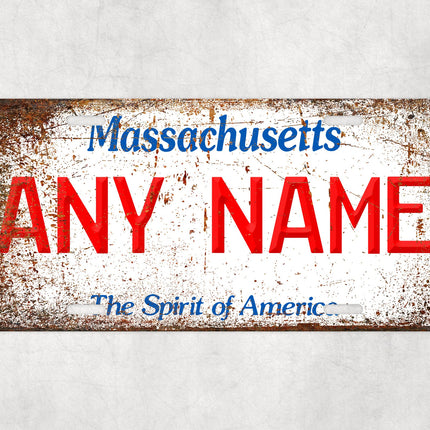 Custom Massachusetts License Plate Sign, Spirit of America Personalized Plate, USA State Car Wall Art Gift, Red White Blue Name Sign
