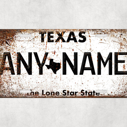 Custom Texas License Plate Sign, Lone Star State Personalized Plate, USA Car Wall Art Gift, Black and White Texas Name Sign