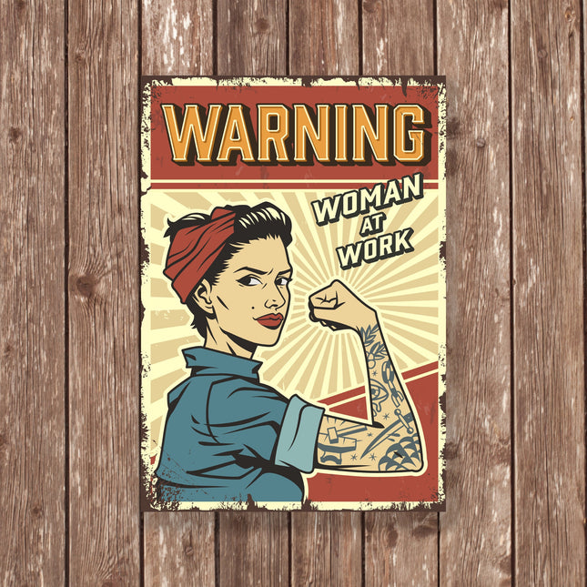 Warning Woman at Work Metal Sign – Rosie the Riveter Vintage Wall Art, Feminist Decor for Garage, Shed or Workshop