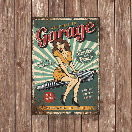Welcome to Garage Metal Sign – Retro Pin-Up Mechanic Wall Art, Vintage Car Workshop Decor, 24 Hour Service Poster