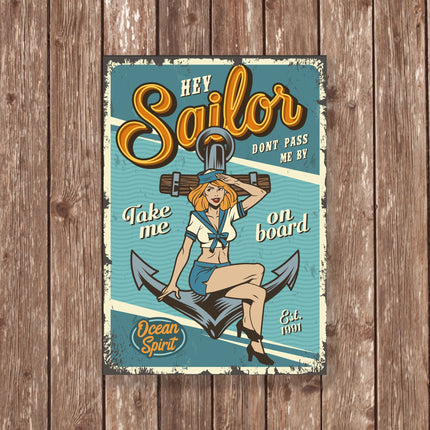 Hey Sailor Metal Sign – Retro Pin-Up Girl Nautical Wall Art, Take Me on Board Anchor Decor, Ocean Spirit Maritime Gift