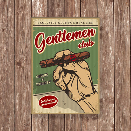 Gentlemen Club Metal Sign – Vintage Cigar and Whiskey Wall Art, Retro Man Cave Bar Decor, Satisfaction Guaranteed