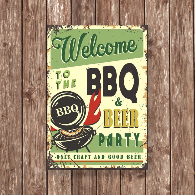 BBQ and Beer Party Sign, Retro Welcome Grill Metal Plaque, Outdoor Bar Sign, Craft Beer BBQ Wall Art