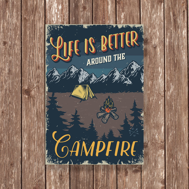 Life is Better Around the Campfire Metal Sign – Rustic Camping Wall Art, Tent and Fire Pit Outdoor Decor