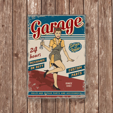 Vintage Garage Metal Sign – Retro Mechanic Pin-Up Wall Art, 24 Hour Service & Repair Workshop Decor