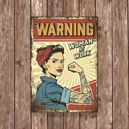 Warning Woman at Work Metal Sign – Rosie the Riveter Vintage Wall Art, Feminist Decor for Garage, Shed or Workshop
