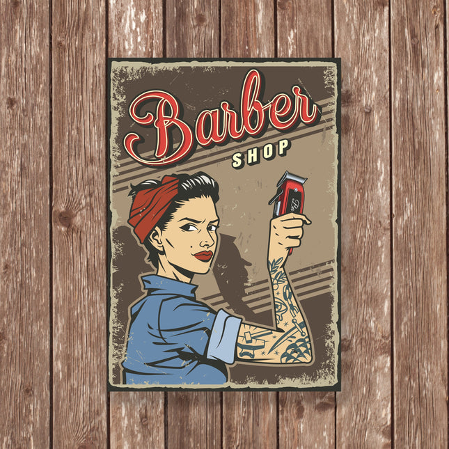 Vintage Barber Shop Metal Sign, Retro Hair Salon Wall Art, Tattooed Woman Barber Decor, Pin Up Barber Poster Gift