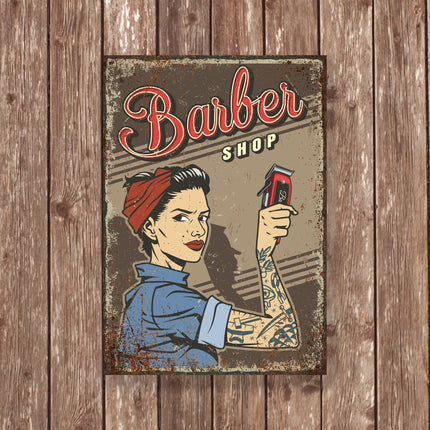 Vintage Barber Shop Metal Sign, Retro Hair Salon Wall Art, Tattooed Woman Barber Decor, Pin Up Barber Poster Gift