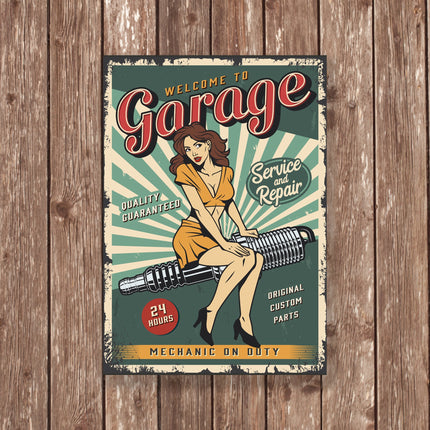 Welcome to Garage Metal Sign – Retro Pin-Up Mechanic Wall Art, Vintage Car Workshop Decor, 24 Hour Service Poster