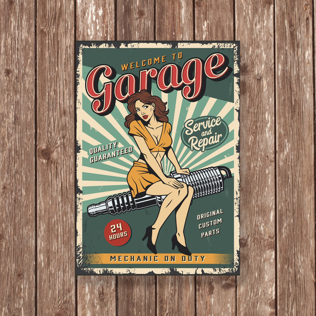 Welcome to Garage Metal Sign – Retro Pin-Up Mechanic Wall Art, Vintage Car Workshop Decor, 24 Hour Service Poster