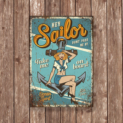 Hey Sailor Metal Sign – Retro Pin-Up Girl Nautical Wall Art, Take Me on Board Anchor Decor, Ocean Spirit Maritime Gift