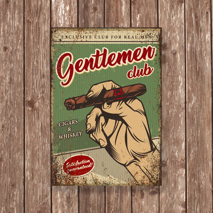 Gentlemen Club Metal Sign – Vintage Cigar and Whiskey Wall Art, Retro Man Cave Bar Decor, Satisfaction Guaranteed