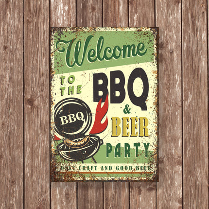 BBQ and Beer Party Sign, Retro Welcome Grill Metal Plaque, Outdoor Bar Sign, Craft Beer BBQ Wall Art