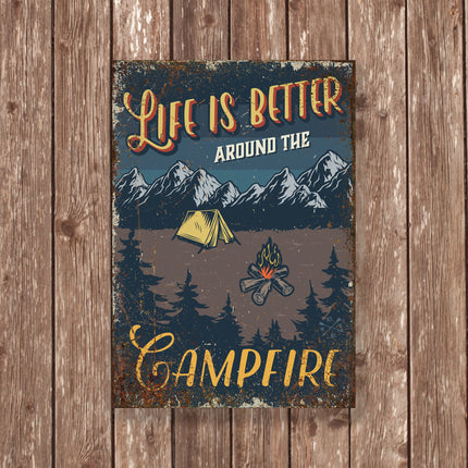 Life is Better Around the Campfire Metal Sign – Rustic Camping Wall Art, Tent and Fire Pit Outdoor Decor