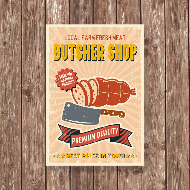 Butcher Shop Metal Sign – Retro Meat Market Wall Art, Premium Quality Deli Decor, Cleaver Kitchen Sign