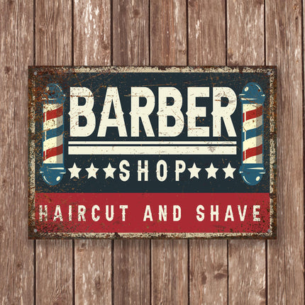 Barber Shop Haircut and Shave Sign, Vintage Metal Wall Art with Barber Poles, Retro Barbershop Decor