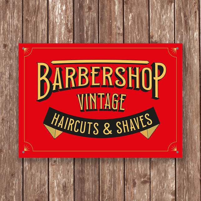 Vintage Barbershop Sign, Red and Gold Haircuts and Shaves Wall Art, Retro Barber Metal Plaque