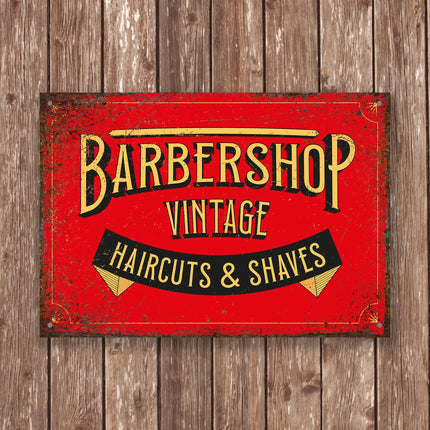 Vintage Barbershop Sign, Red and Gold Haircuts and Shaves Wall Art, Retro Barber Metal Plaque