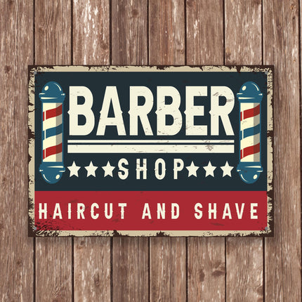 Barber Shop Haircut and Shave Sign, Vintage Metal Wall Art with Barber Poles, Retro Barbershop Decor