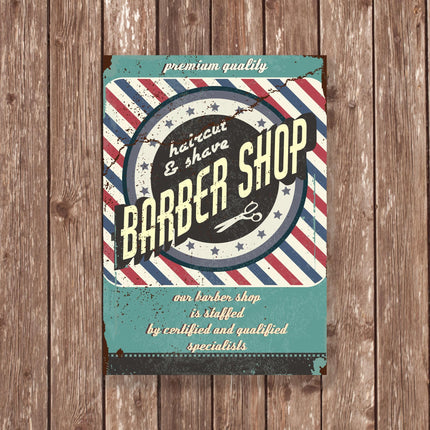 Barber Shop Haircut and Shave Sign, Retro Premium Quality Wall Art, Red White Blue Striped Metal Decor