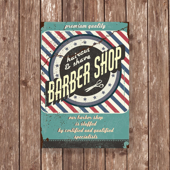 Barber Shop Haircut and Shave Sign, Retro Premium Quality Wall Art, Red White Blue Striped Metal Decor