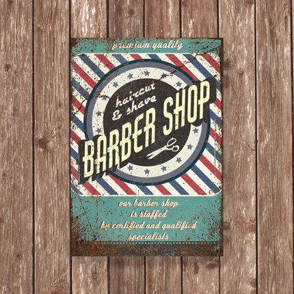 Barber Shop Haircut and Shave Sign, Retro Premium Quality Wall Art, Red White Blue Striped Metal Decor
