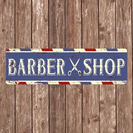 Vintage Barber Shop Sign Metal, Horizontal Red White Blue Salon Wall Art, Retro Barbershop Scissors Decor