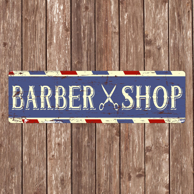 Vintage Barber Shop Sign Metal, Horizontal Red White Blue Salon Wall Art, Retro Barbershop Scissors Decor