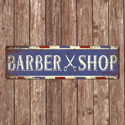 Vintage Barber Shop Sign Metal, Horizontal Red White Blue Salon Wall Art, Retro Barbershop Scissors Decor