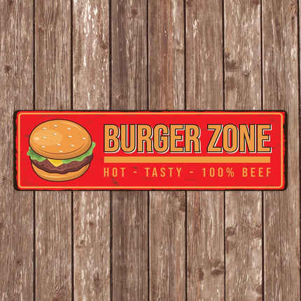 Burger Zone Metal Sign – Retro Hot Tasty Beef Wall Art, Diner Kitchen Grill Decor, BBQ Hamburger Sign