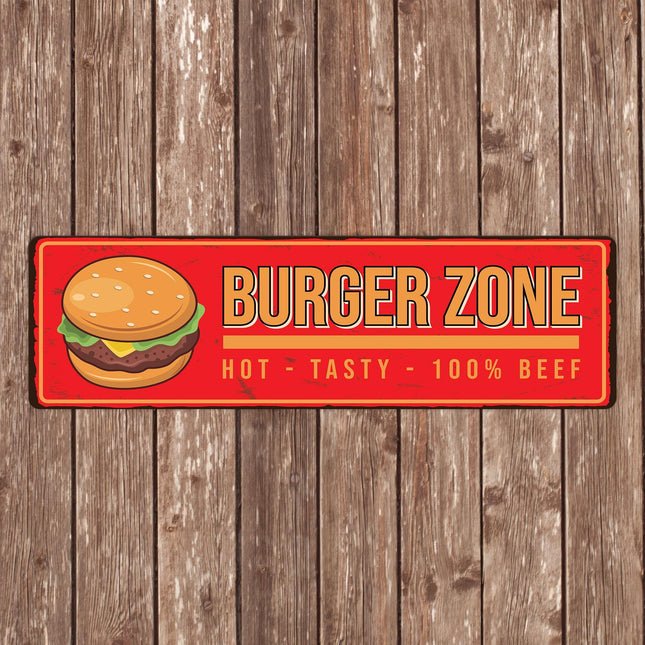 Burger Zone Metal Sign – Retro Hot Tasty Beef Wall Art, Diner Kitchen Grill Decor, BBQ Hamburger Sign