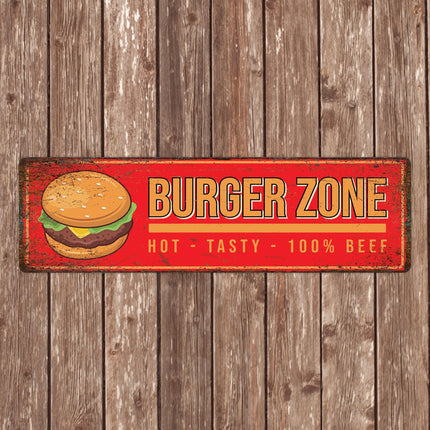 Burger Zone Metal Sign – Retro Hot Tasty Beef Wall Art, Diner Kitchen Grill Decor, BBQ Hamburger Sign