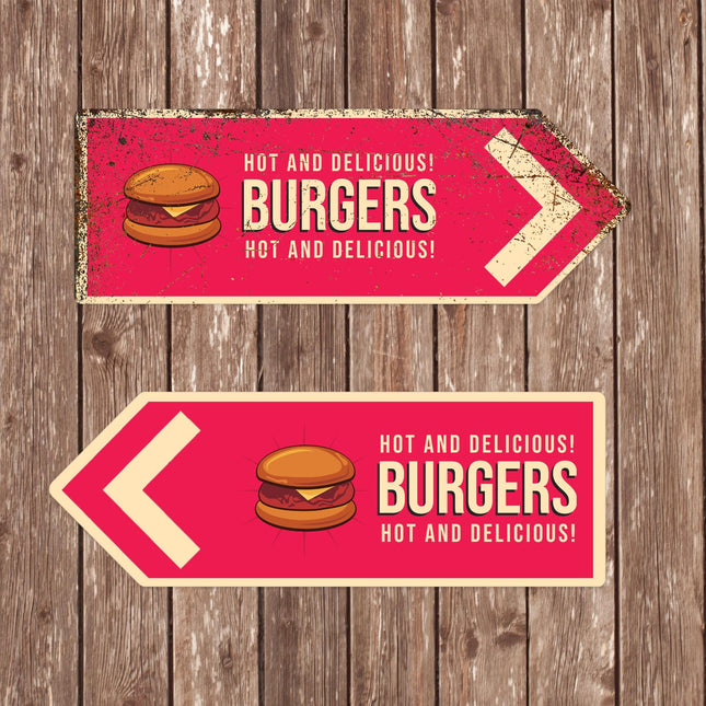 Retro Burger Arrow Metal Sign – Vintage 1950s Style Wall Decor for Diner, Kitchen, Man Cave, or Bar