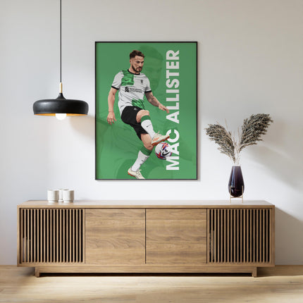 Alexis Mac Allister Liverpool FC Poster – Green Away Kit Football Wall Art, Midfielder Print for Reds Fans, Argentina Star Soccer Room Decor