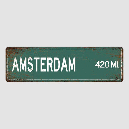 Amsterdam Distance Street Sign - Close Up Detail View