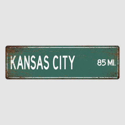 Kansas City Distance Street Sign - Close Up Detail View