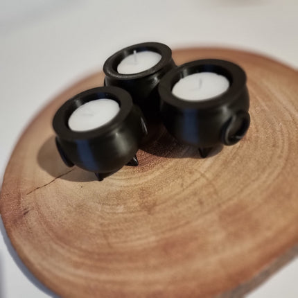 Spooky Cauldron Tea Light Holders – Set of 3 Halloween Decor - Close Up Detail View