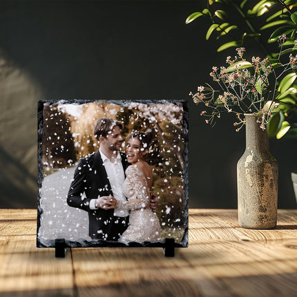 Wedding photo slate displayed at home