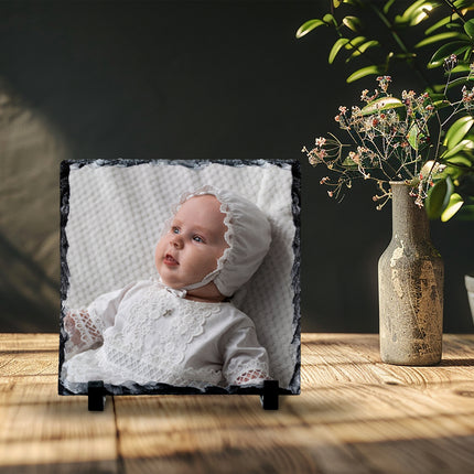 Christening photo printed on a square slate keepsake