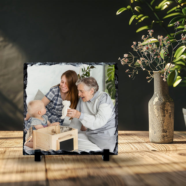 Personalised family photo printed on a square photo slate