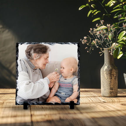 Personalised family photo slate displayed on a shelf
