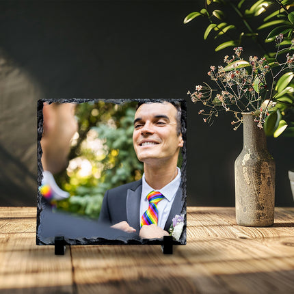 Couple photo slate gift shown in a home setting
